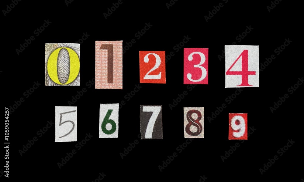 Set of cut-out ransom numbers from magazines on a black background, retro y2k style Set of cut-out ransom numbers from magazines on a black background, retro y2k style