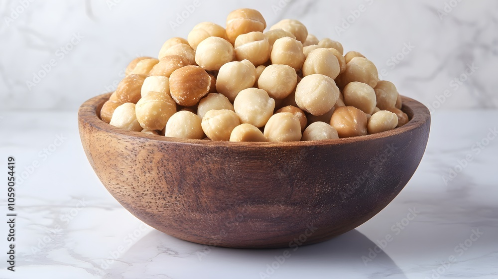 Mixed macadamia nuts in rustic wooden bowl, top view food photography on white marble table, organic healthy snacks styling with natural brown tones. Mixed macadamia nuts in rustic wooden bowl, top view food photography on white marble table, organic healthy snacks styling with natural brown tones.
