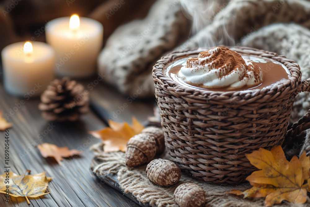 November mood. Autumn composition on a Hygge style background. various leaves, pine cones, candles and coffee. Orange, yellow, red and brown aesthetics November mood. Autumn composition on a Hygge style background. various leaves, pine cones, candles and coffee. Orange, yellow, red and brown aesthetics