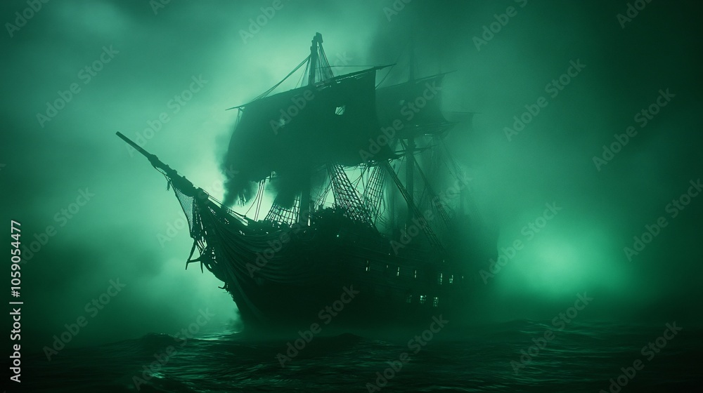 Ghost Ship Sailing Through Foggy Waters Ghost Ship Sailing Through Foggy Waters