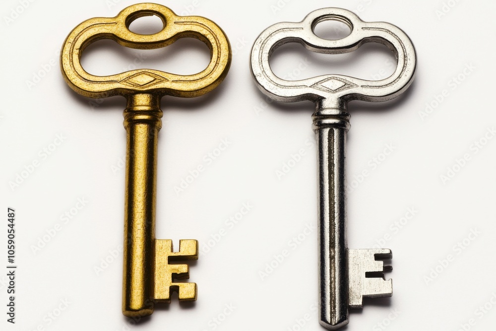 Two decorative keys, one gold and one silver, displayed side by side on a white background, symbolizing access and opportunity. Two decorative keys, one gold and one silver, displayed side by side on a white background, symbolizing access and opportunity.