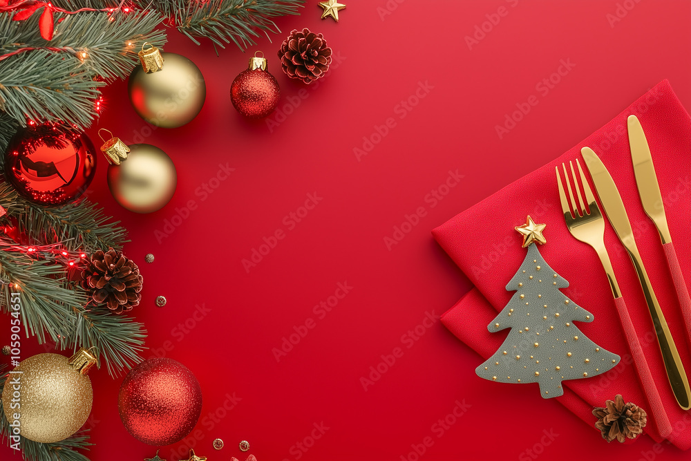 Festive Christmas table setting with a red plate and gold cutlery on a vibrant red background. Festive Christmas table setting with a red plate and gold cutlery on a vibrant red background.