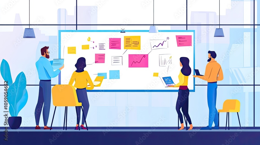 A diverse team of four colleagues collaborate on a project using a whiteboard covered in colorful sticky notes and charts. A diverse team of four colleagues collaborate on a project using a whiteboard covered in colorful sticky notes and charts.