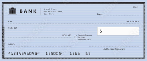 Blue Bank check, vector blank money cheque, checkbook template with guilloche pattern and fields. Currency payment coupon, money check background	