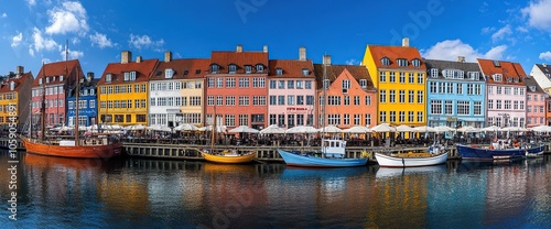 Panoramic view of colorful buildings along the harbor in Christianshavn, Denmark,