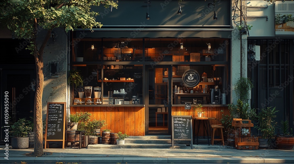 Charming Coffee Shop Exterior with Unique Architectural Design in Urban Setting Charming Coffee Shop Exterior with Unique Architectural Design in Urban Setting