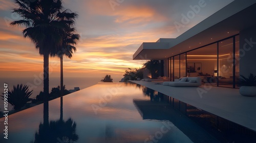 Modern luxury villa exterior at dusk with infinity pool, floor-to-ceiling windows, warm sunset sky, palm trees silhouette, premium architectural design.