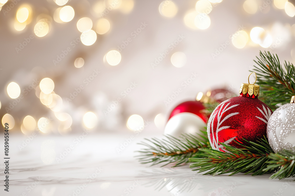 A festive close-up of a Christmas baubles featuring an evergreen pine branch, a glittering red ornament on gold glittering bokeh background. A festive close-up of a Christmas baubles featuring an evergreen pine branch, a glittering red ornament on gold glittering bokeh background.