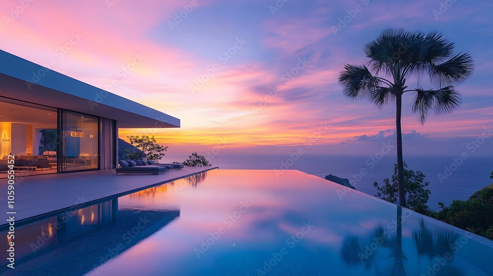Fototapeta premium Modern luxury villa exterior at dusk with infinity pool, floor-to-ceiling windows, warm sunset sky, palm trees silhouette, premium architectural design.