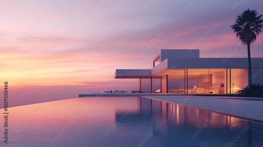 Modern luxury villa exterior at dusk with infinity pool, floor-to-ceiling windows, warm sunset sky, palm trees silhouette, premium architectural design. Modern luxury villa exterior at dusk with infinity pool, floor-to-ceiling windows, warm sunset sky, palm trees silhouette, premium architectural design.
