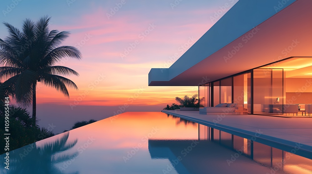 Modern luxury villa exterior at dusk with infinity pool, floor-to-ceiling windows, warm sunset sky, palm trees silhouette, premium architectural design. Modern luxury villa exterior at dusk with infinity pool, floor-to-ceiling windows, warm sunset sky, palm trees silhouette, premium architectural design.