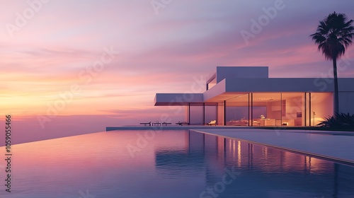 Wallpaper Mural Modern luxury villa exterior at dusk with infinity pool, floor-to-ceiling windows, warm sunset sky, palm trees silhouette, premium architectural design. Torontodigital.ca