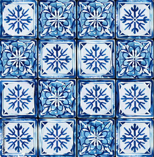 Snowflake ceramic tile pattern, blue and white color scheme
