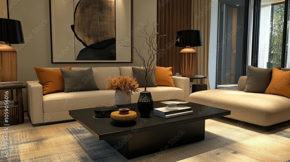 A modern living room with a beige sofa, a black coffee table, and a large piece of abstract art on the wall. A modern living room with a beige sofa, a black coffee table, and a large piece of abstract art on the wall.