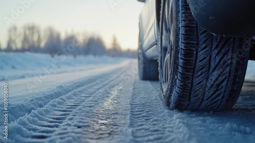 Close-up of a car tire driving on a snowy road, leaving deep tread marks in the fresh powder.