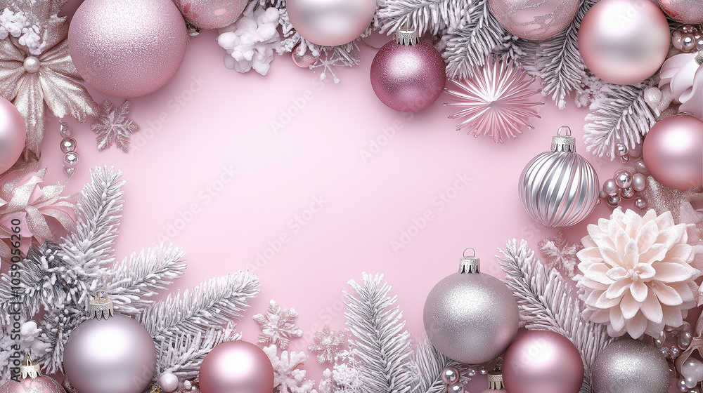 Elegant pink and silver Christmas ornaments are arranged on frosted pine branches. Elegant pink and silver Christmas ornaments are arranged on frosted pine branches.