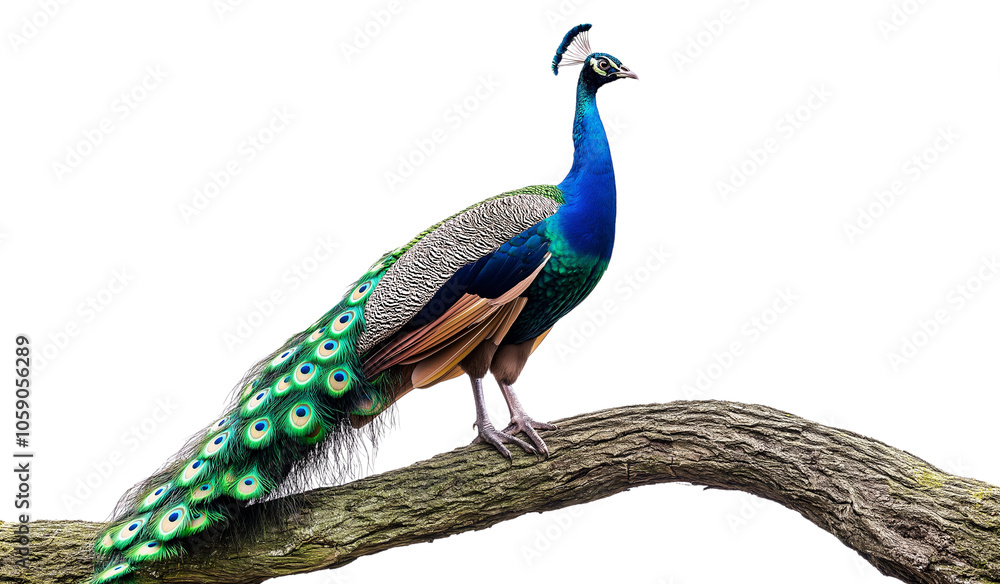  peafowl or peacock with long feathers on a tree branch isolated on transparent PNG or white background.