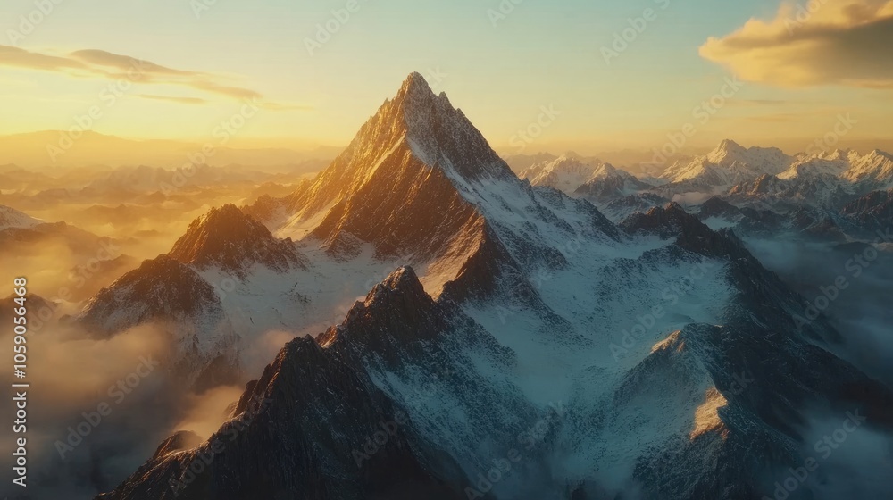 Snow-capped mountain peaks glowing under a golden sunrise, with mist rising from the valleys below, Snow-capped mountain peaks glowing under a golden sunrise, with mist rising from the valleys below,