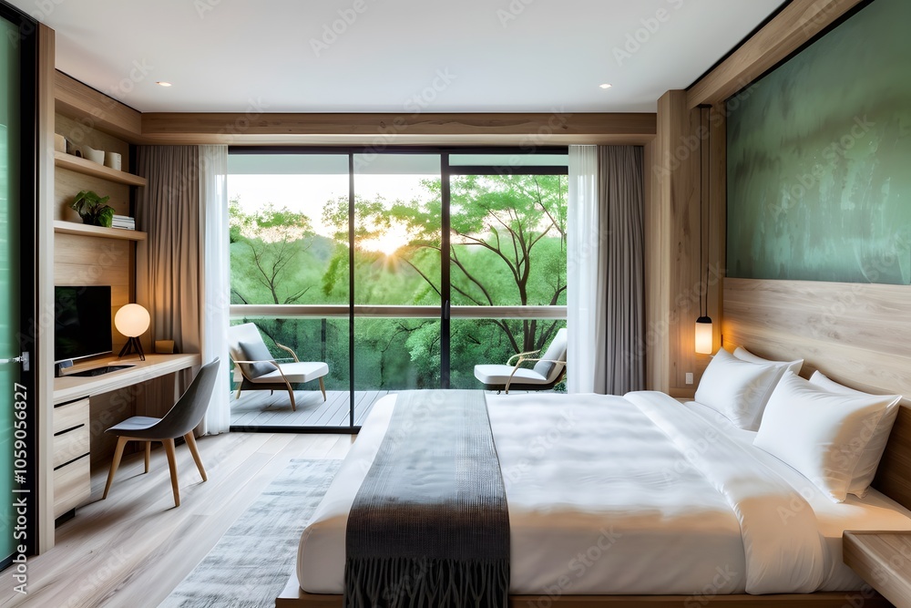Fototapeta premium Large hotel room with wooden furniture and a double king size bed with beautiful view outdoor.