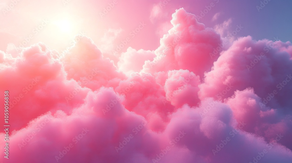 A pink cloud filled sky with a sun shining through it A pink cloud filled sky with a sun shining through it