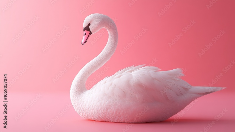 Fototapeta premium A white swan is laying on a pink background
