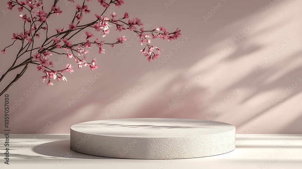 A minimalist display scene featuring a circular pedestal and delicate pink blossoms against a soft background. A minimalist display scene featuring a circular pedestal and delicate pink blossoms against a soft background.