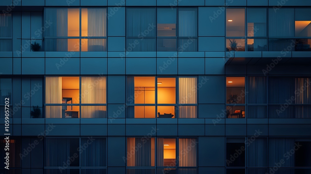Fototapeta premium Modern office building facade featuring illuminated windows at dusk, geometric patterns, blue metal panels, warm interior lights, contemporary urban design.