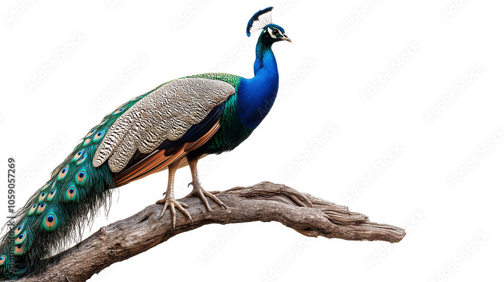 Obraz premium peafowl or peacock with long feathers on a tree branch isolated on transparent PNG or white background.