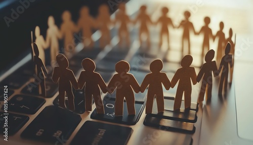 Top view of a circle of paper human figures standing together on a laptop keyboard, symbolizing online community, unity, and connection in a digitally inspired theme photo