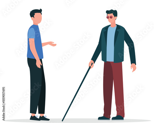 Blind person talking to other employee communicating with blind person with vision problem and visual disability at work of a disable person with stick. Blind employee communicating with coworkers.