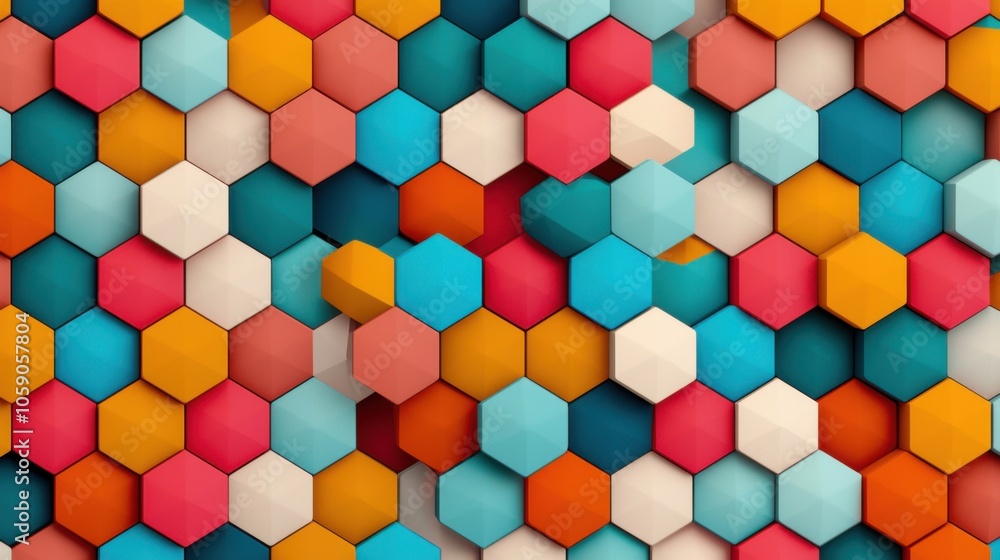 A vibrant pattern of hexagonal shapes in various colors like blue, orange, pink, and cream, creating an engaging and dynamic visual effect. A vibrant pattern of hexagonal shapes in various colors like blue, orange, pink, and cream, creating an engaging and dynamic visual effect.