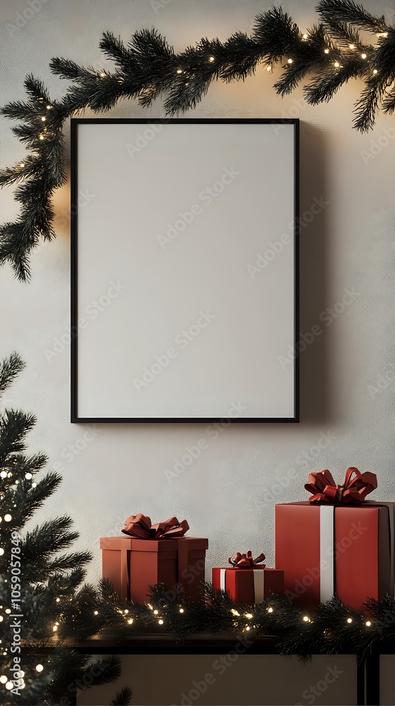 Festive holiday scene with blank frame, pine garland, twinkling lights, and red gift boxes creating a cozy Christmas atmosphere on neutral wall. Festive holiday scene with blank frame, pine garland, twinkling lights, and red gift boxes creating a cozy Christmas atmosphere on neutral wall.