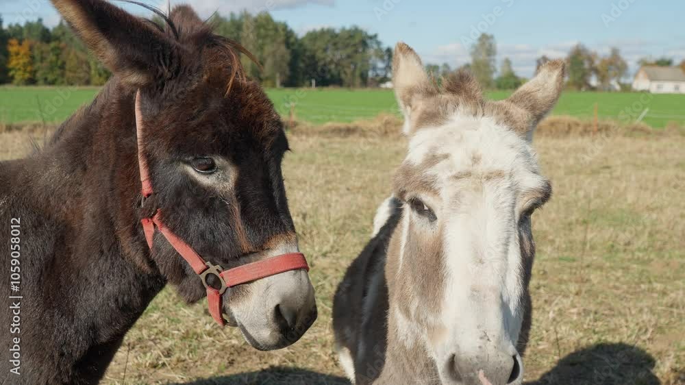 A pair of curious domestic donkeys attentively looks look into the camera, waving their ears away from insects. The muzzle of a donkey in a halter is a close-up. Grazing livestock on the farm. A pair of curious domestic donkeys attentively looks look into the camera, waving their ears away from insects. The muzzle of a donkey in a halter is a close-up. Grazing livestock on the farm.
