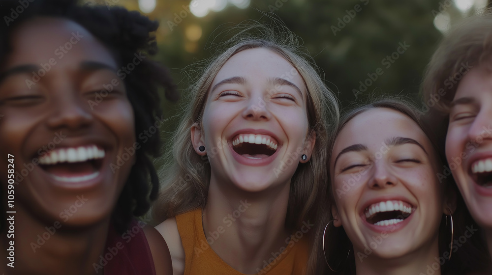 Group of friends smiling and laughing together, capturing pure joy in a minimal, natural outdoor setting Group of friends smiling and laughing together, capturing pure joy in a minimal, natural outdoor setting