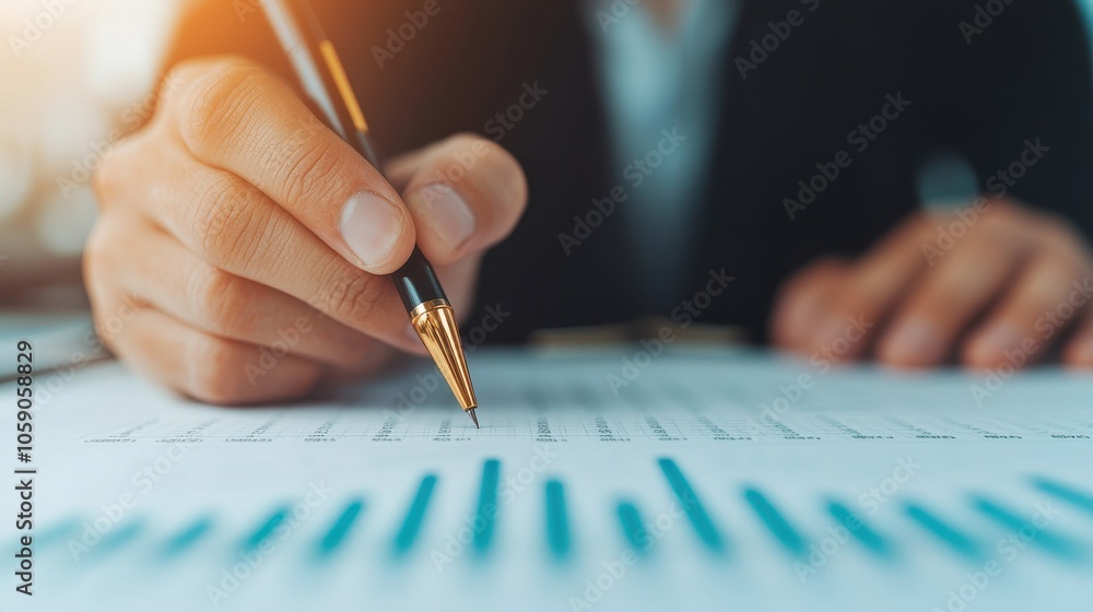 A business professional writes notes and analyzes graphs while holding a pen, demonstrating focus on data and strategy.