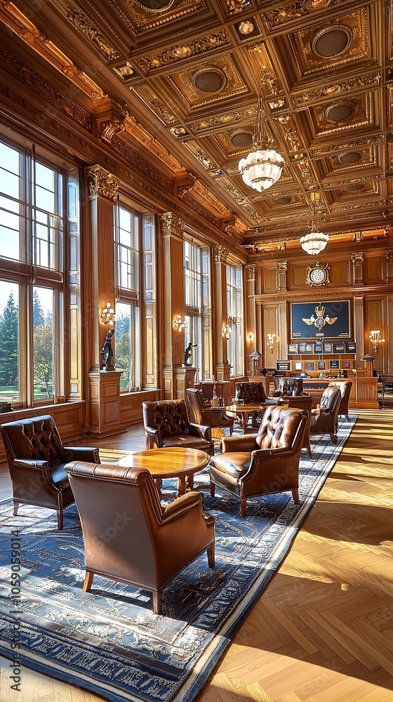 Fototapeta premium Luxurious Interior Design with Ornate Ceiling and Leather Armchairs.
