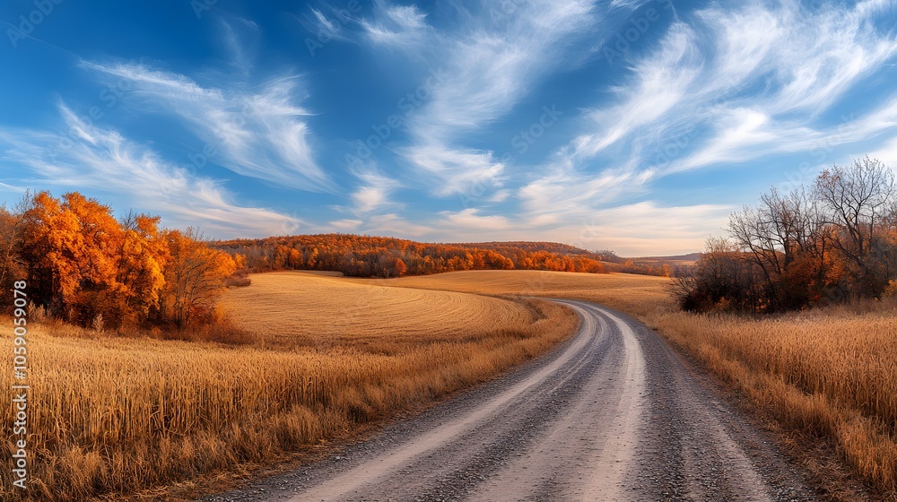 Panoramic autumn countryside with vibrant fall foliage, golden wheat fields, winding rural road, bright blue sky, warm sunlight, rolling hills landscape. Panoramic autumn countryside with vibrant fall foliage, golden wheat fields, winding rural road, bright blue sky, warm sunlight, rolling hills landscape.