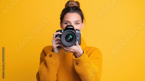 A woman in a bright yellow sweater holds a camera, looking directly at the viewer, surrounded by a vibrant yellow background.