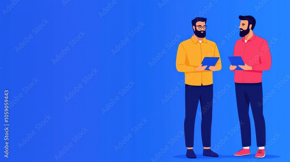 Two bearded men in colorful outfits engage with tablets against a vibrant blue background, showcasing collaboration and modern technology. Two bearded men in colorful outfits engage with tablets against a vibrant blue background, showcasing collaboration and modern technology.