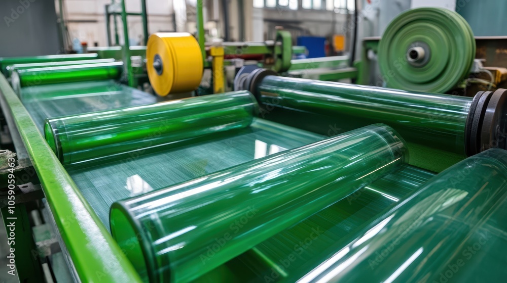 Green Rollers on a Conveyor Belt in a Factory Green Rollers on a Conveyor Belt in a Factory