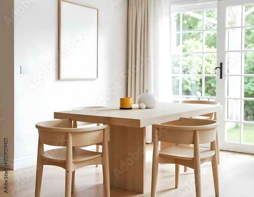 Wallpaper Mural A minimalist dining room with a wooden table and four wooden chairs, a Blank white mockup on the wall, and a large window overlooking greenery outside. Torontodigital.ca