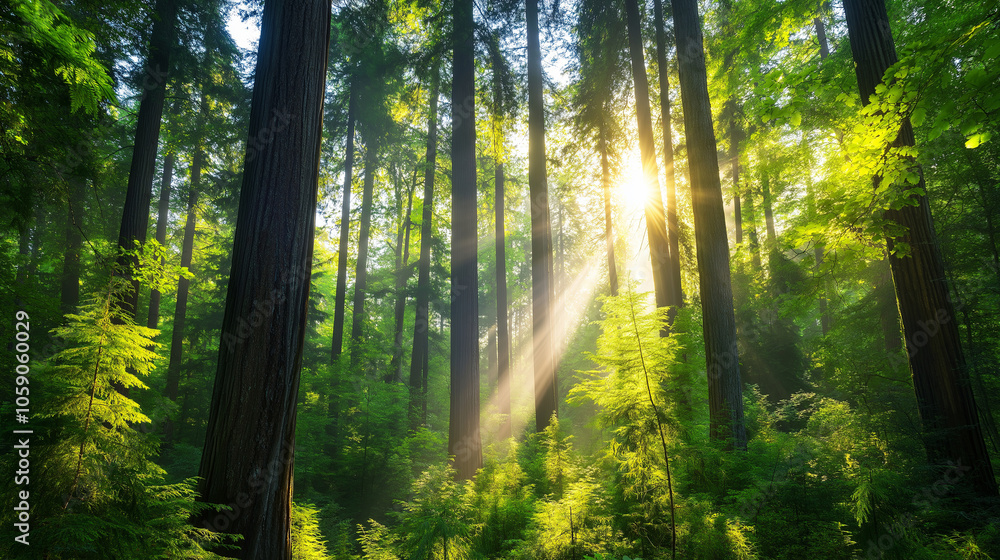 Naklejka premium Tall redwood trees in a foggy forest with gentle sunlight streaming through the branches.