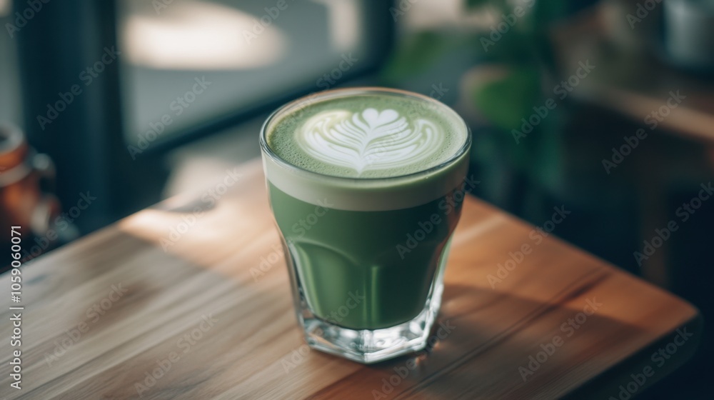 Delightful Matcha Latte with Artful Foam Design Delightful Matcha Latte with Artful Foam Design