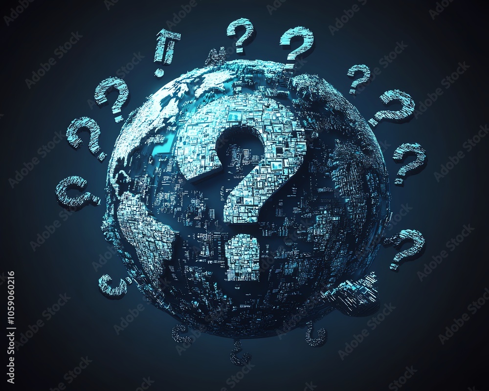 Dynamic image of a globe surrounded by various question marks ...