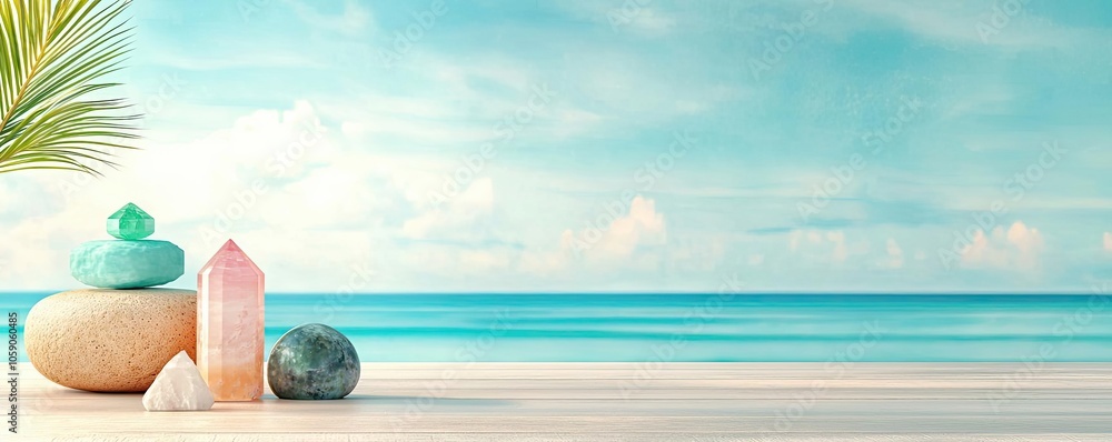 Meditation space with soothing natural elements and healing crystals, 3D illustration Meditation space with soothing natural elements and healing crystals, 3D illustration