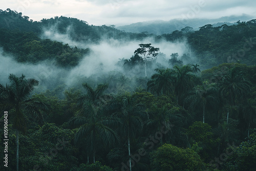 Wallpaper Mural A misty rainforest landscape with lush green trees and clouds Torontodigital.ca