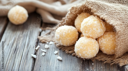 Wallpaper Mural Sweet Coconut Balls in Rustic Bag on Wooden Surface Torontodigital.ca