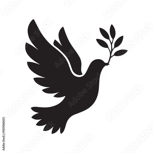 A silhouette of a dove flying with an olive branch in its beak, symbolizing peace and harmony. photo