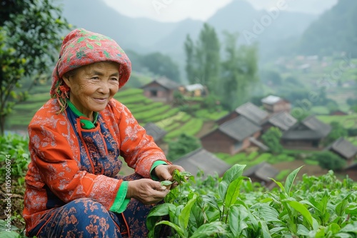 A smiling elderly woman in traditional attire working in a lush garden village. photo