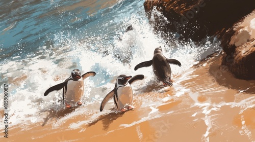 Penguins Walking on the Beach Near the Ocean Shore